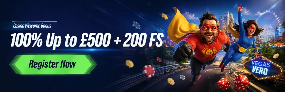 VegasHero welcome offer banner: 100% Up to £500 + 200 Free Spins